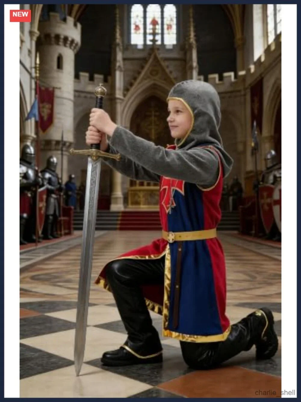 8 Pc Medieval Knight Costume Set Boys Girls Hood Tunic Cloak Shield Sword